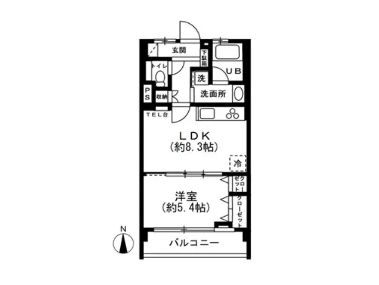 - 1LDKの間取り図、約8.3帖のリビングダイニングキッチンと約5.4帖の洋室、バルコニー付きのレイアウト