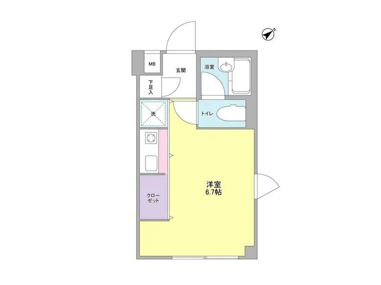 - 6.7帖の洋室を含む間取り図、クローゼット、浴室、トイレ、玄関が配置されたシンプルなレイアウト