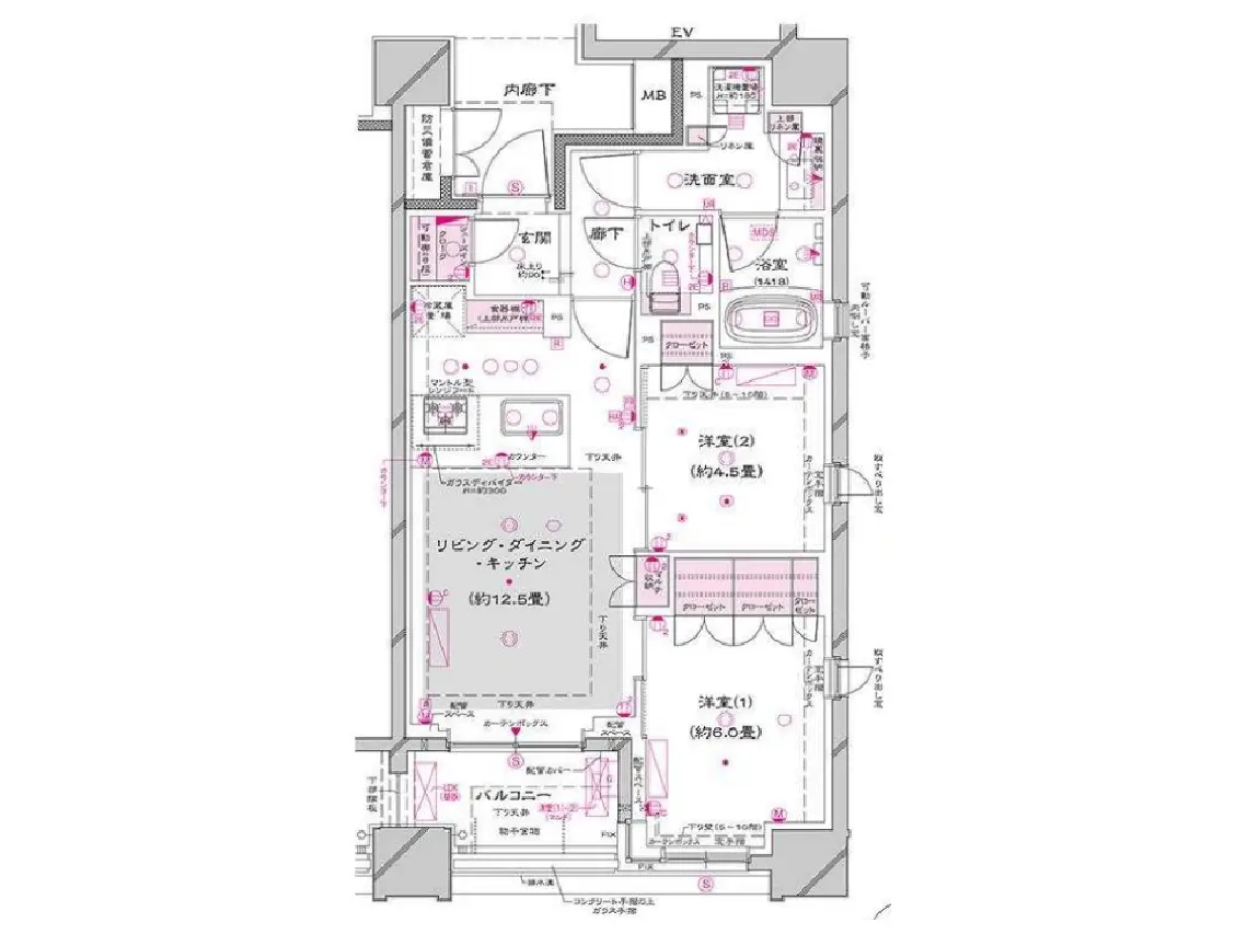- 住居の間取り図、リビングダイニングキッチン、2つの洋室、洗面室、トイレ、バルコニーを含む詳細なレイアウト。