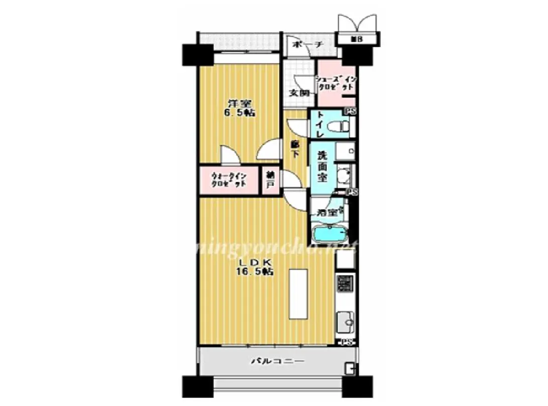 - 2LDKの間取り図、広々としたリビングダイニングと洋室、トイレや洗面室、バルコニーを含む配置の詳細なレイアウト