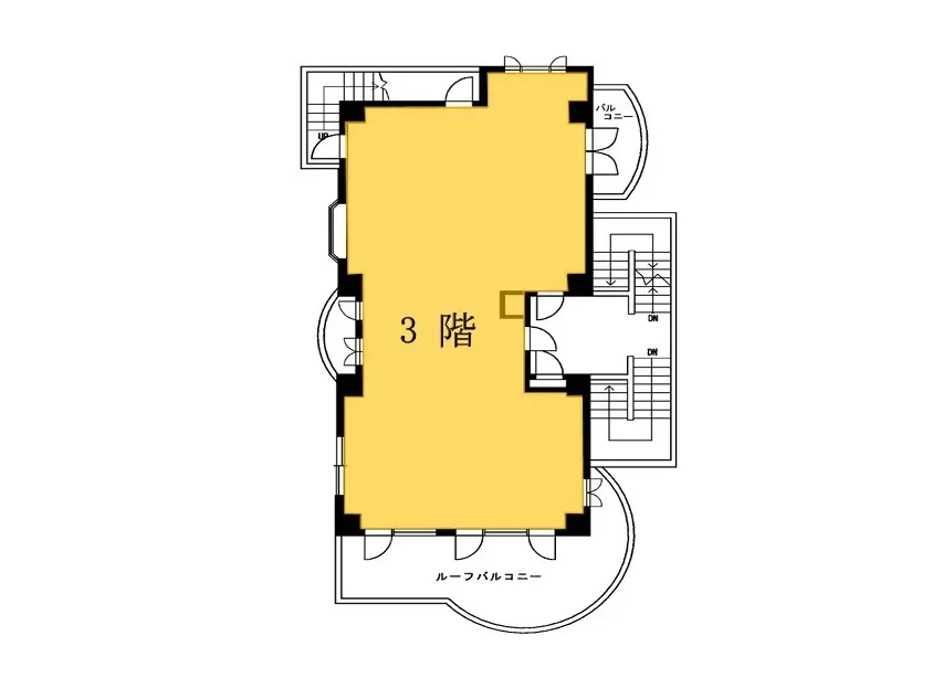 - 3階の間取り図、部屋の配置やバルコニー、階段の位置を示した詳細な図面