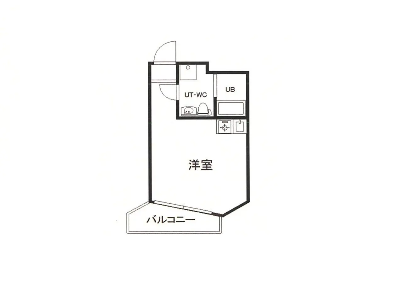 - 洋室の間取り図、バルコニー、UT-WC、UBを含むレイアウトの詳細