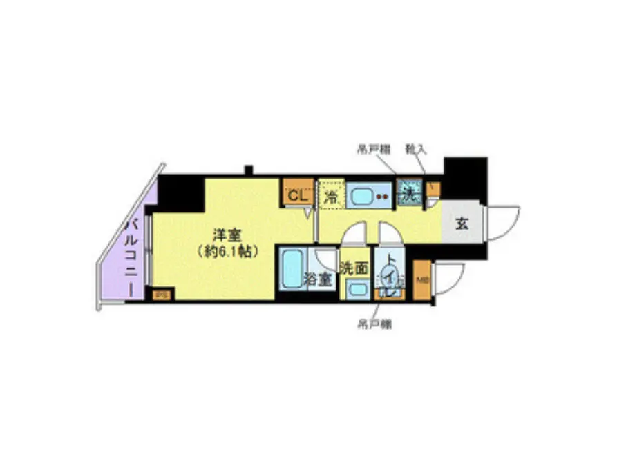 - 1Kタイプの間取り図、洋室約6.1帖、バルコニー付き、洗面所と浴室を備えたシンプルなレイアウト