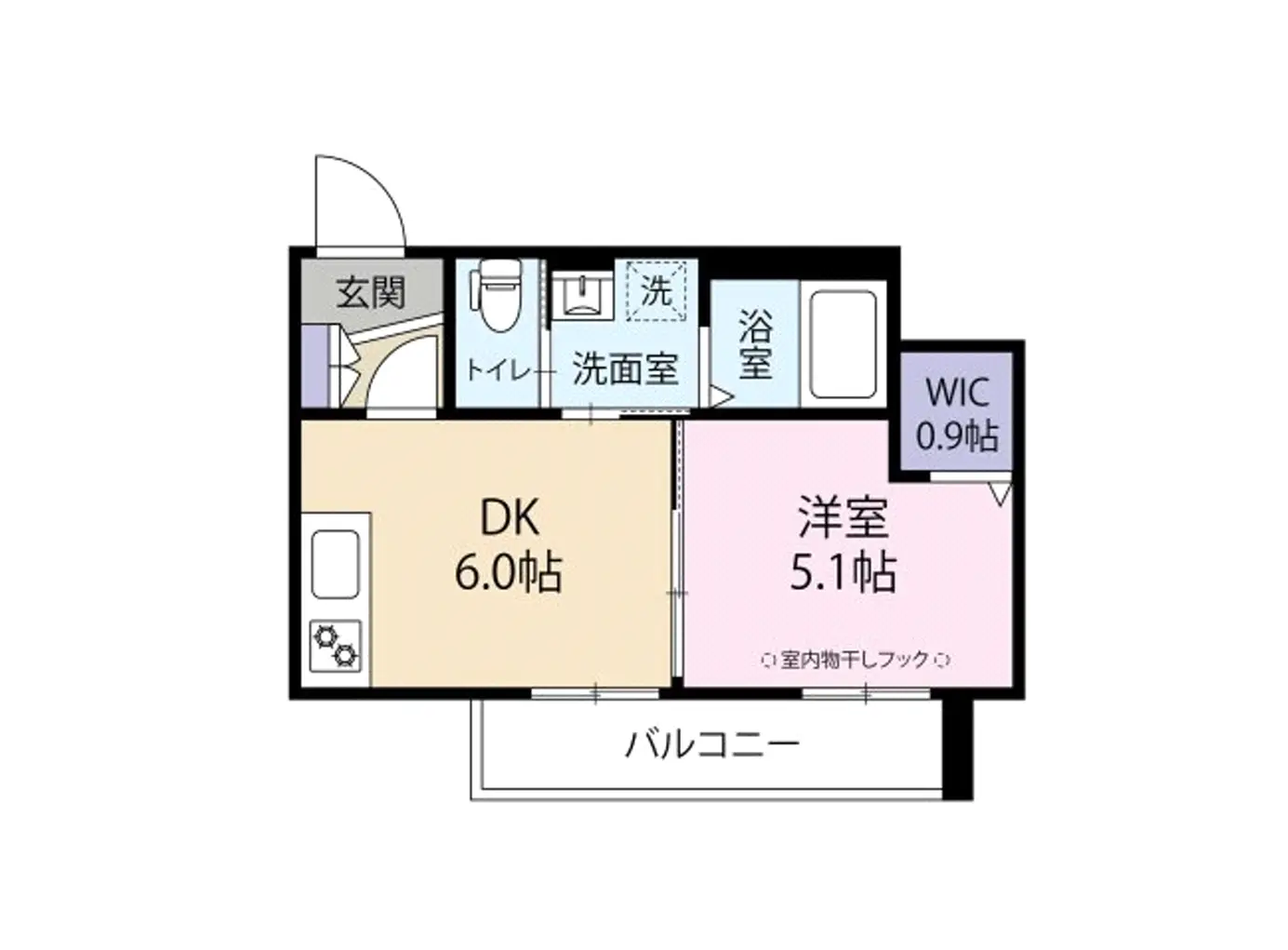 - 1LDKの間取り図、ダイニングキッチン（DK）6.0帖、洋室5.1帖、トイレ、洗面室、バルコニーの配置を示す平面図