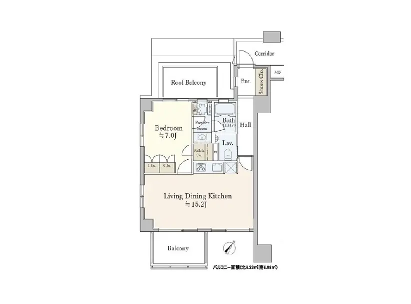 - 1LDKの間取り図、7帖の寝室と15.2帖のリビングダイニングキッチン、バスルームや洗面所を含む詳細な配置図