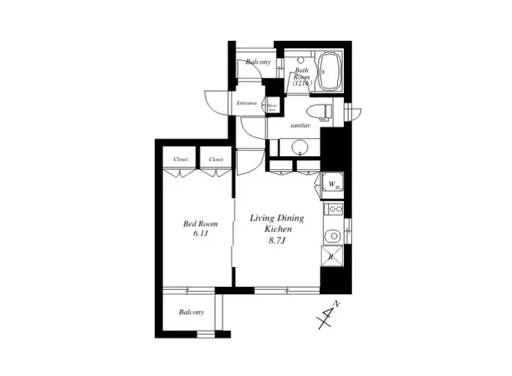 - 2LDKの間取り図、寝室、リビングダイニングキッチン、バルコニー、バスルームを含む設計図