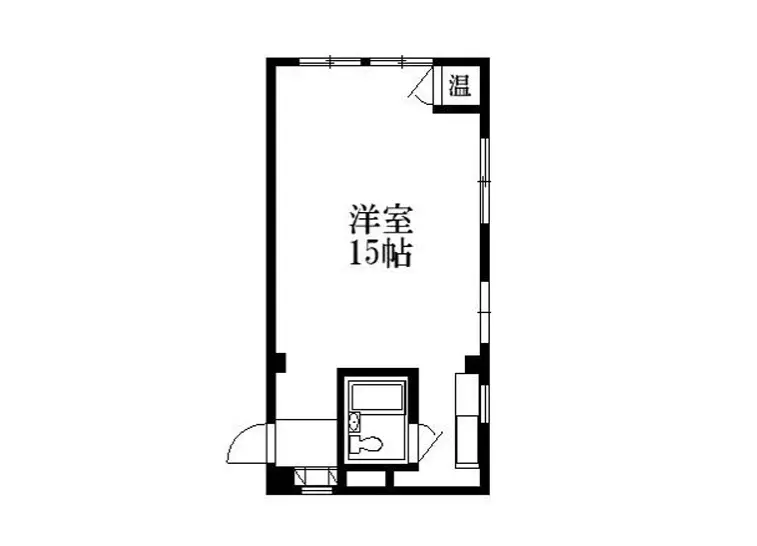 - 15帖の洋室レイアウト、室内には洗面スペースとトイレが配置された間取り図