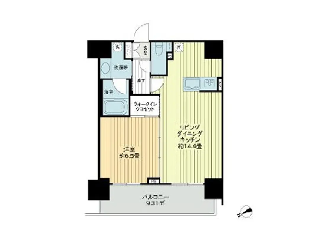 - 住居の間取り図、1LDK（リビング・ダイニング・キッチン）約14畳、洗面所、浴室、ウォークインクローゼットを含むレイアウト