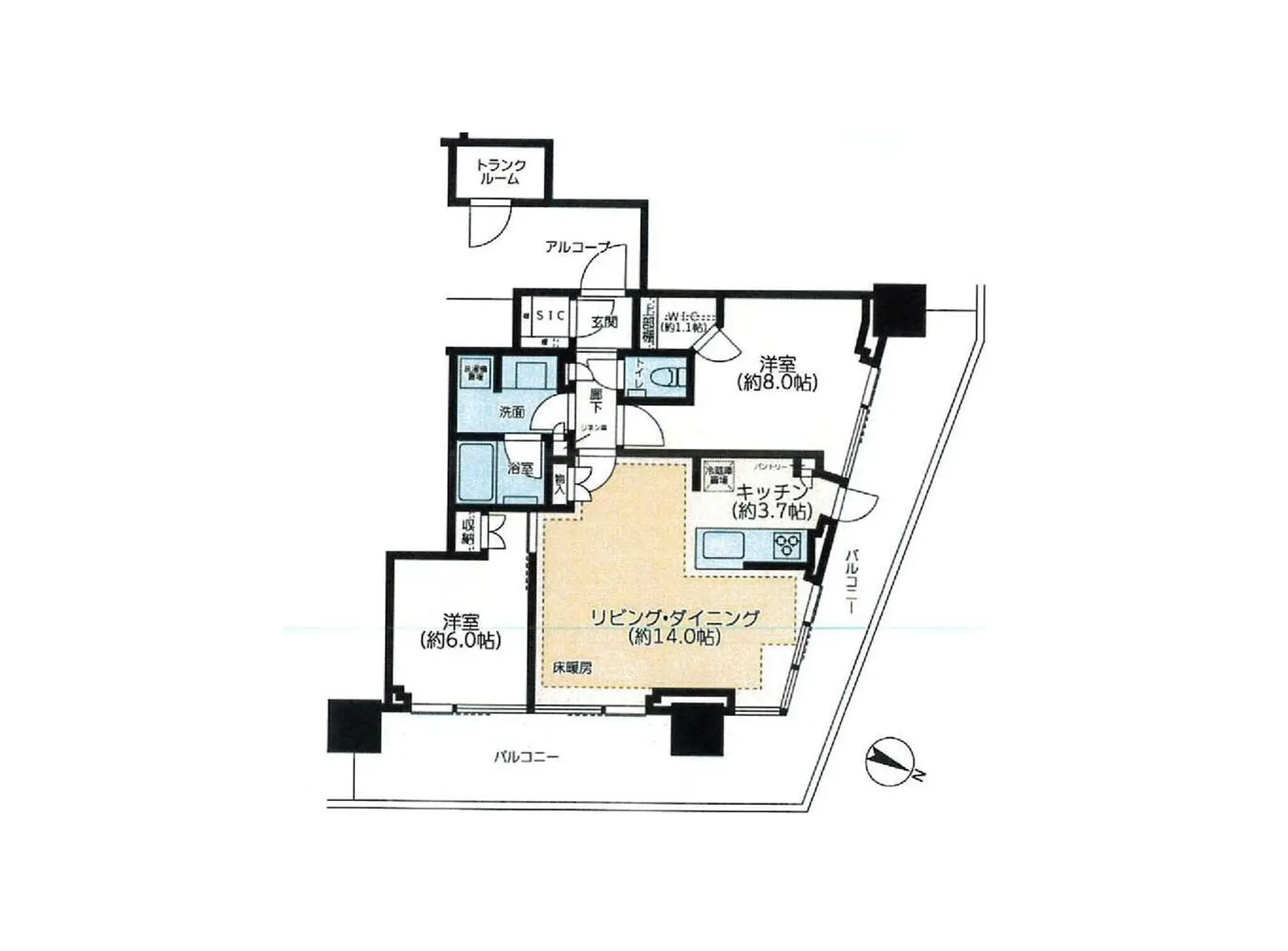 - 間取り図、リビング・ダイニング、キッチン、洗面所、バルコニーを含む3LDKの住居配置図