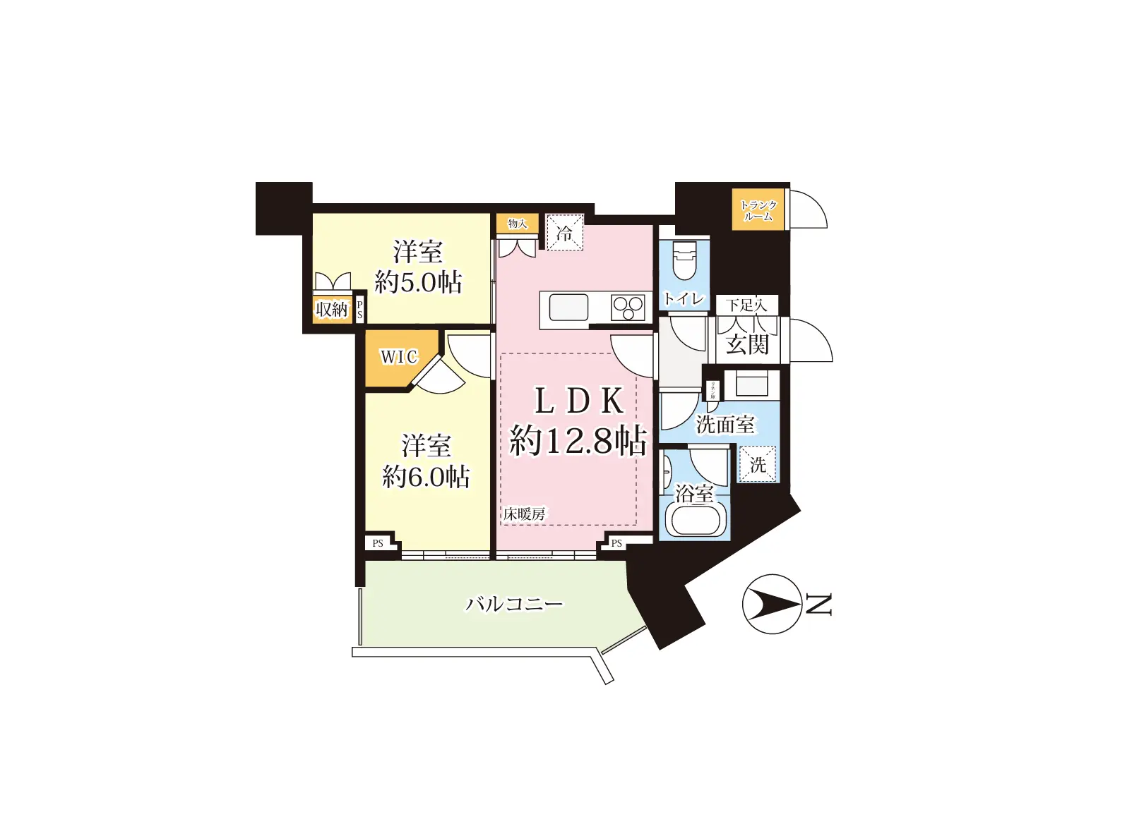 - 2LDKの間取り図、約12.8帖のリビングダイニングキッチン、約5.0帖と6.0帖の洋室、トイレと浴室を含む使いやすいレイアウト