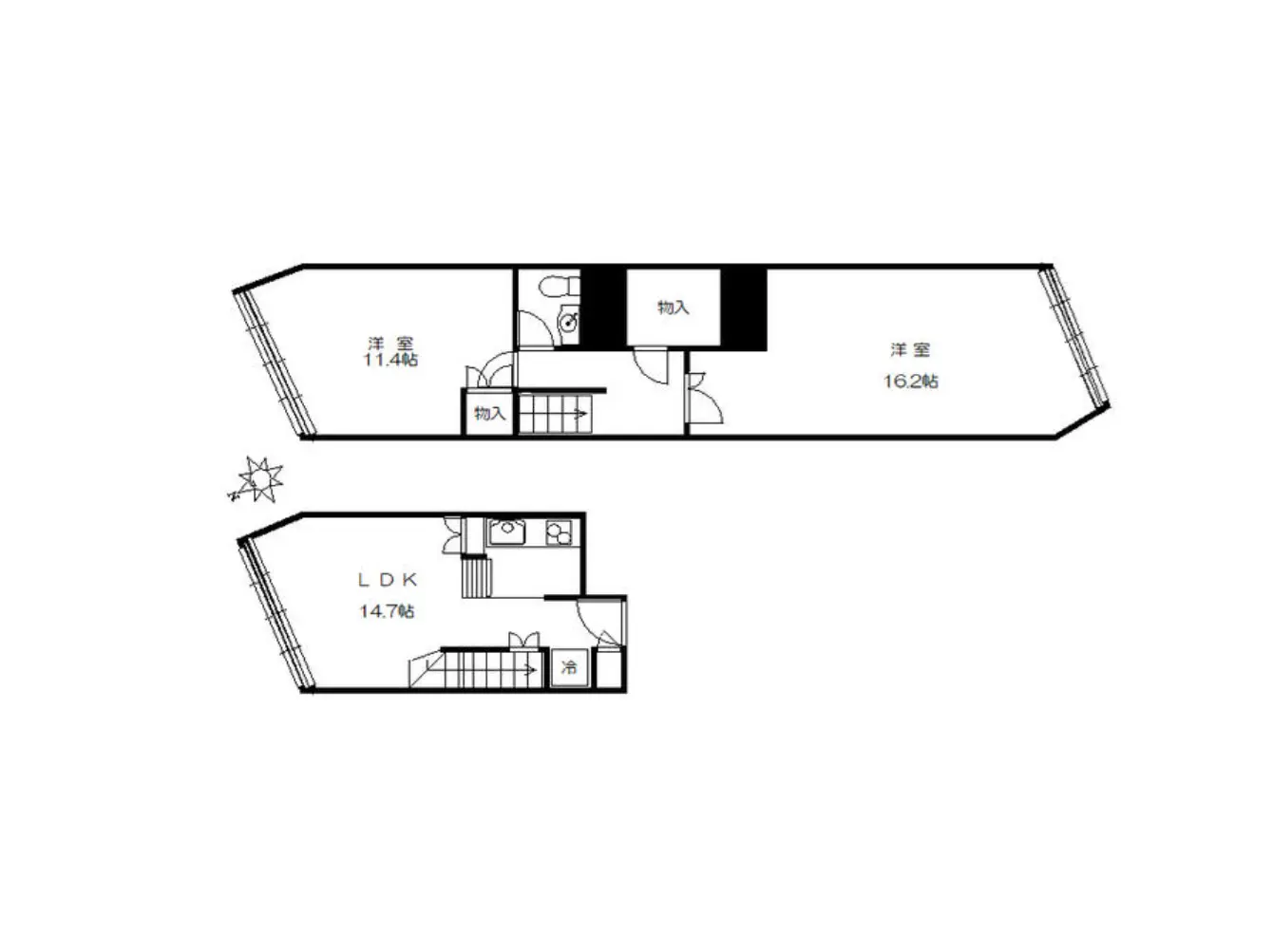 - 2階建ての住宅の間取り図、1階にLDK（14.7畳）、洗面所、トイレ、2階に洋室（11.4畳、16.2畳）を配置した設計