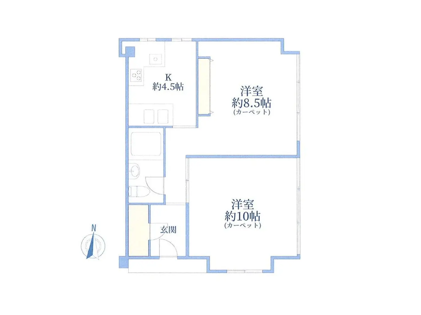 - 2LDKの間取り図、洋室が3部屋の構成、キッチンや玄関の配置を示したレイアウト