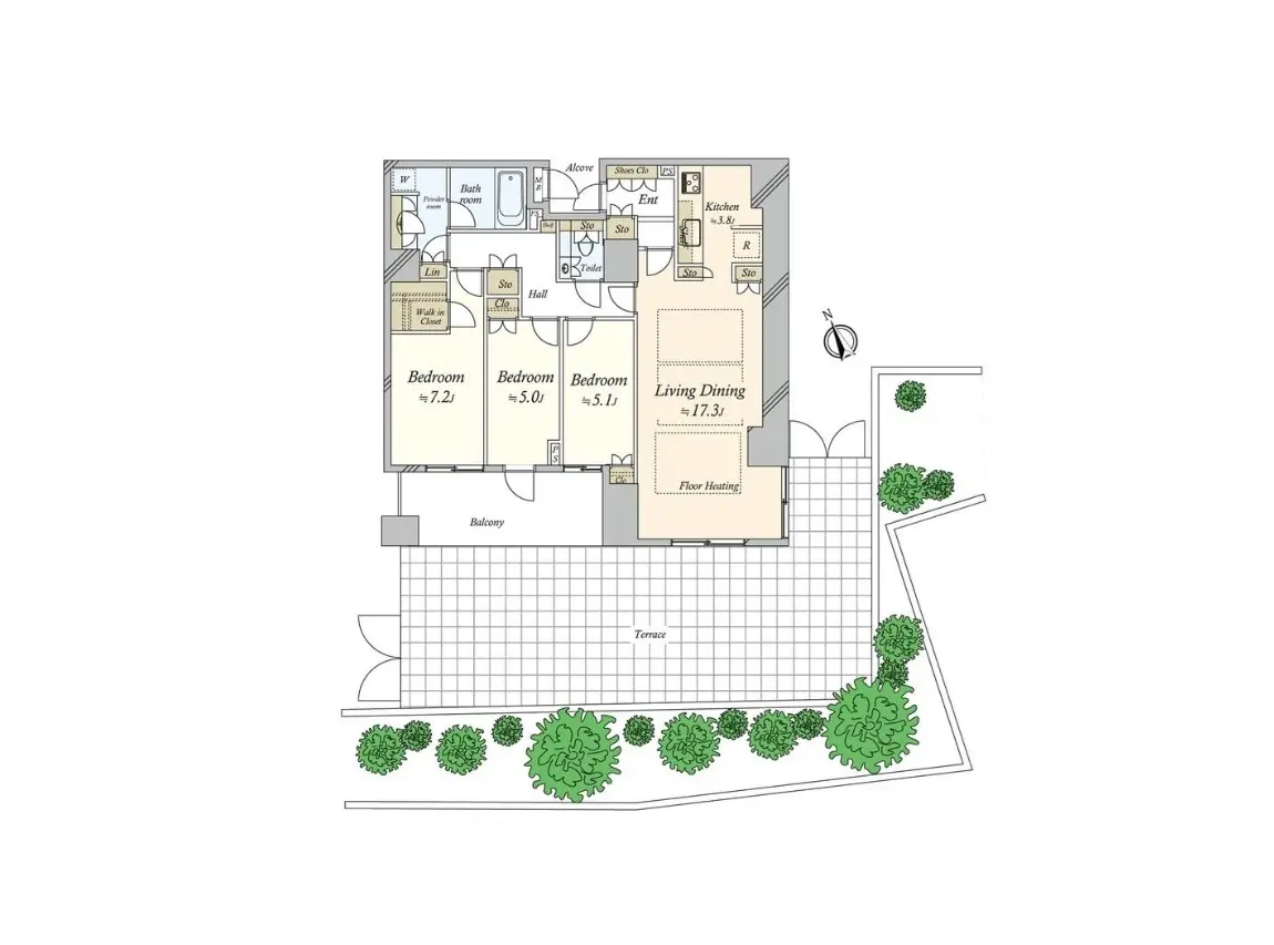 - 部屋の間取り図、3つの寝室と広いリビングダイニング、キッチン、バルコニーとテラスが見える住宅プラン