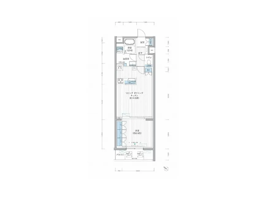 - 1階建ての住宅の間取り図、リビングダイニングキッチン、2つの寝室、トイレ、洗面所の配置が示された設計図
