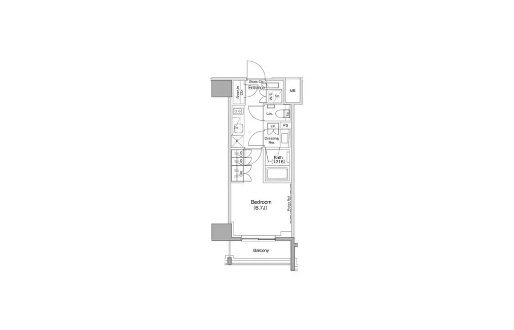 - 1LDKの間取り図、寝室、バスルーム、バルコニーを含む部屋の配置を示した設計図