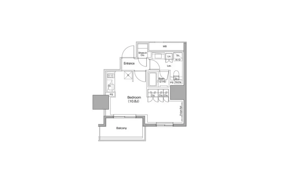 - 住居の間取り図、1LDKの配置、ベランダのある明るいデザインの平面図