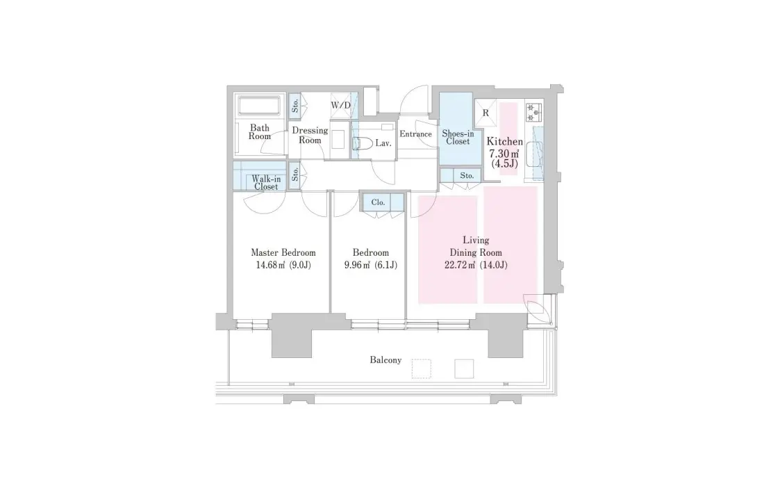 - モダンな間取り図、主寝室、リビングダイニング、キッチン、洗面所、ウォークインクローゼットを含む住宅プラン
