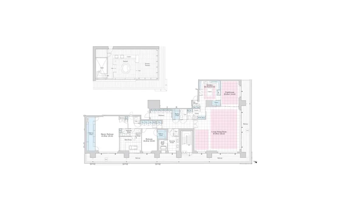 - 広々とした間取り図、マスターベッドルーム、リビングダイニングルーム、キッチン、バスルームなどの配置が示された詳細な設計図