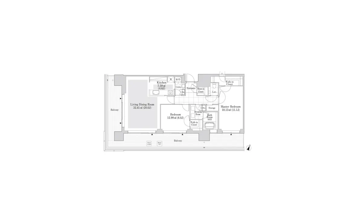 - モダンな間取りの住宅図面、リビングダイニング、キッチン、マスターベッドルーム、バスルームの配置を示す平面図