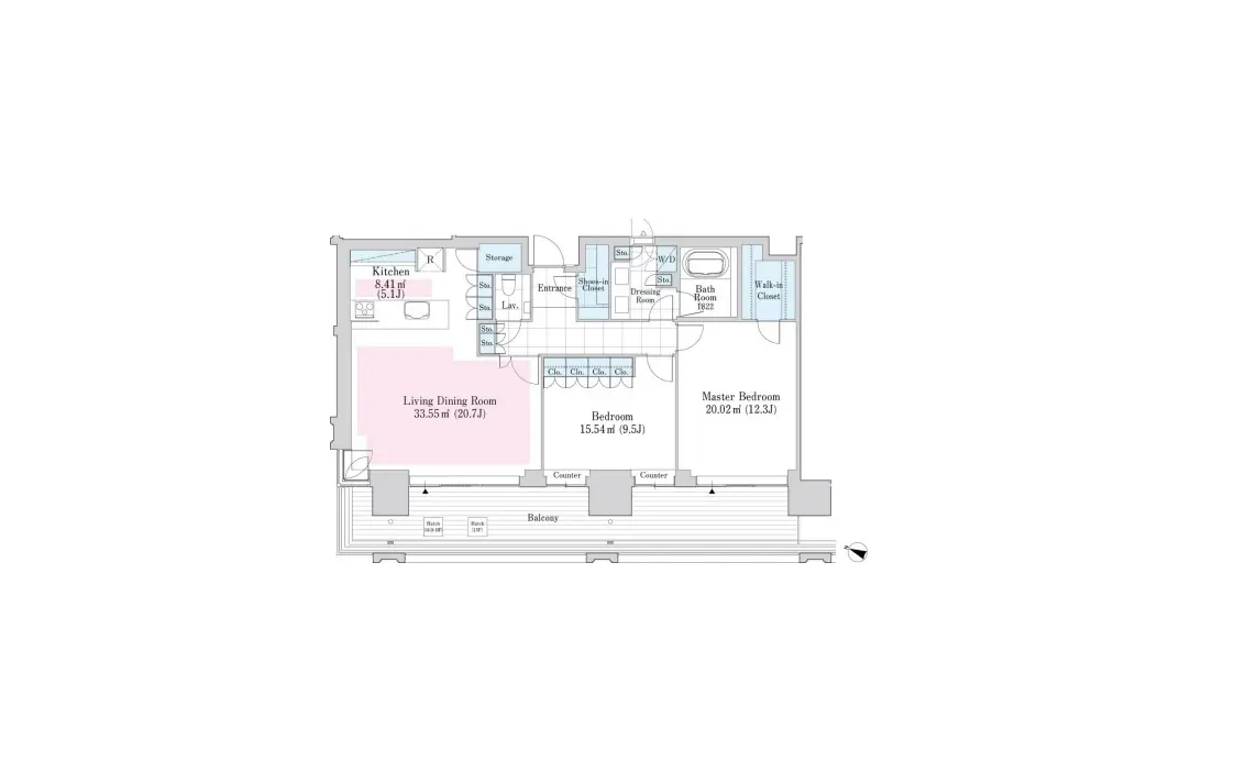 - キッチン、リビングダイニングルーム、2つの寝室、バスルーム、ウォークインクローゼットを含む間取り図のイラスト