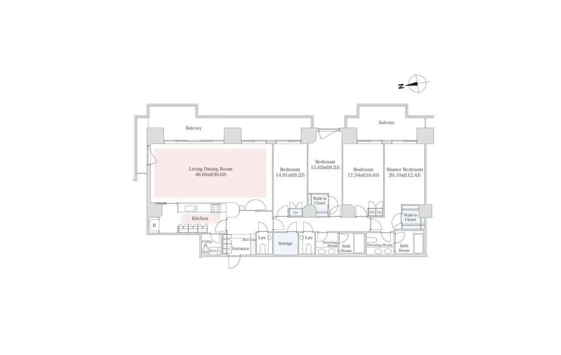 - 4部屋とバルコニーを含む間取り図、リビングダイニングルームとキッチンのレイアウトが表示されている