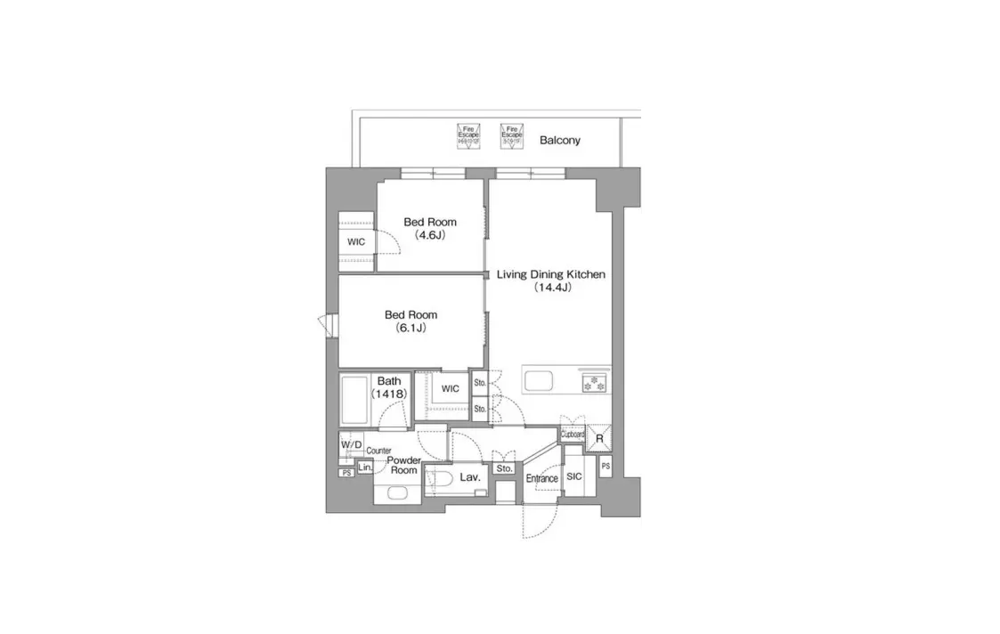- 4つの部屋とバルコニーを備えた間取り図、リビングダイニングキッチンと浴室を含む住宅プラン
