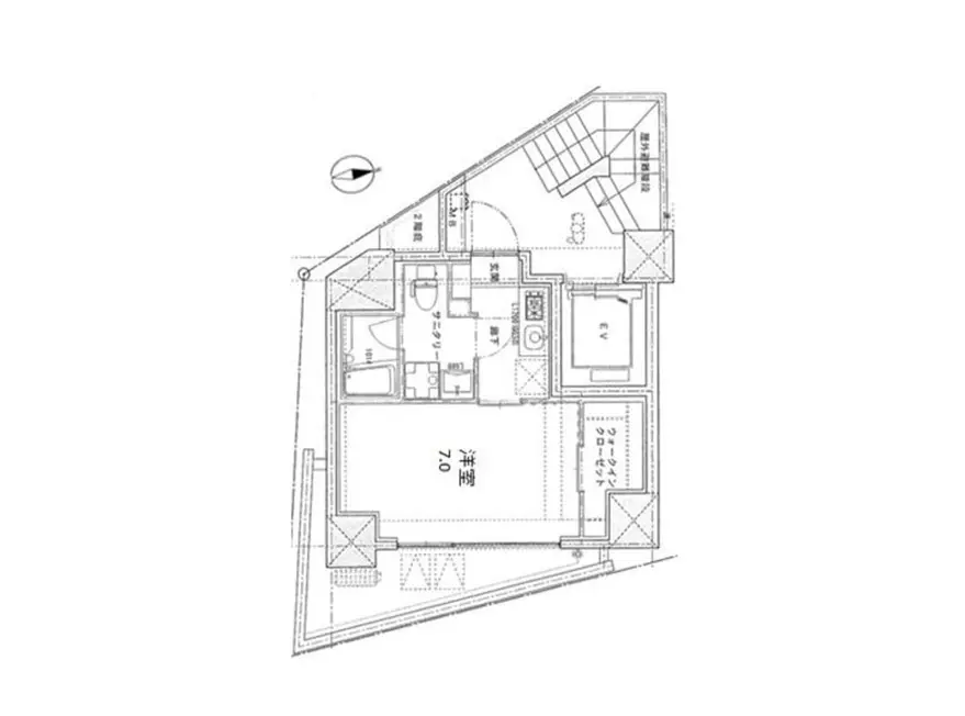 - 住宅の間取り図、洋室、トイレ、バスルーム、リビングエリアを含む設計図