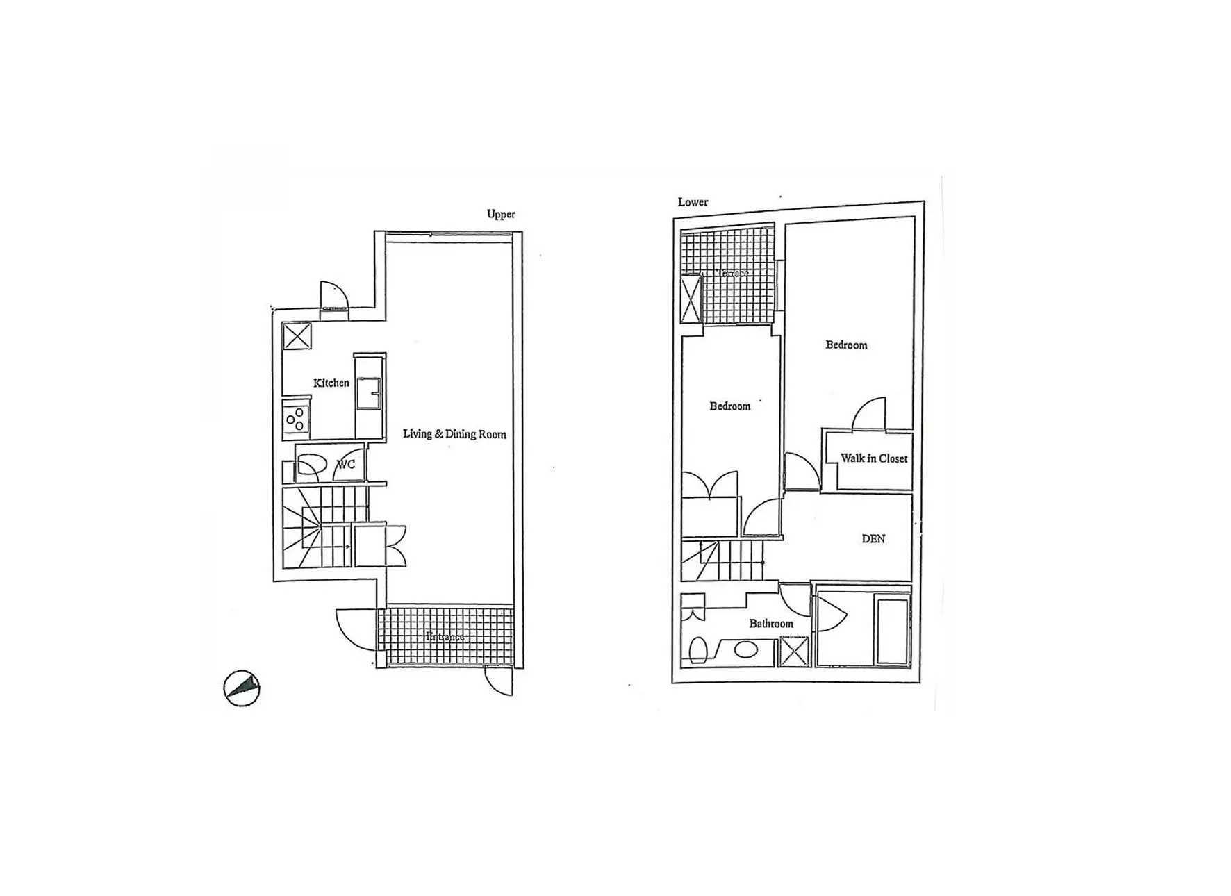- 2階建ての住宅の間取り図、1階にはキッチンとリビング・ダイニング、2階には複数の寝室と書斎が配置されている設計図