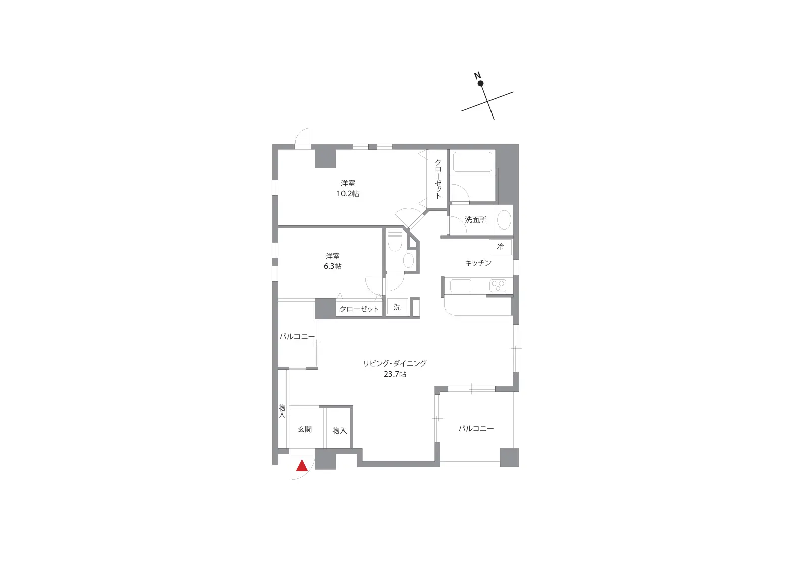 - 2LDKの間取り図、リビング・ダイニング23.7帖、洋室10.2帖と6.3帖、キッチンとバルコニーが配置された住宅プラン