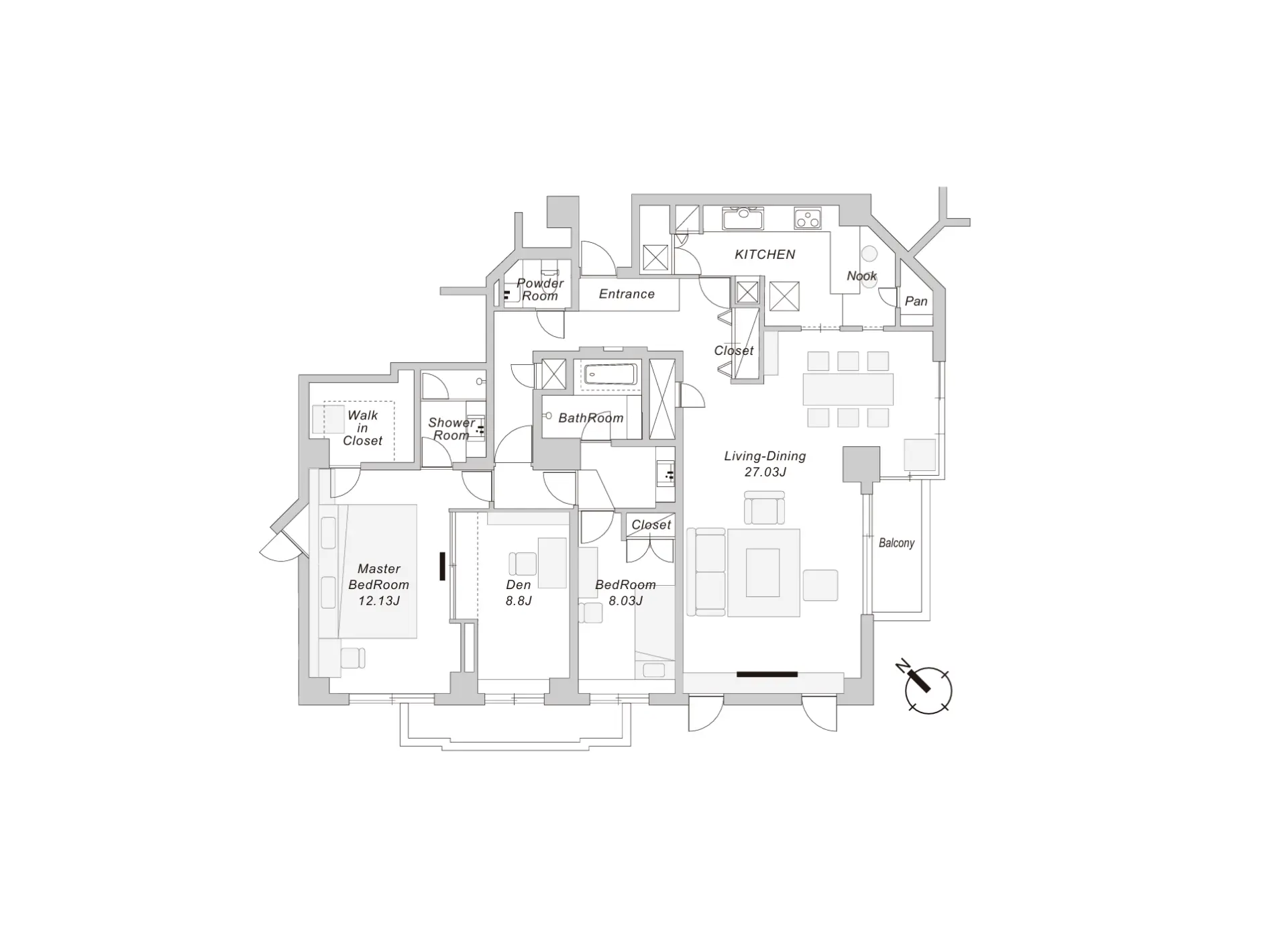 - 住宅の間取り図、リビングダイニングとバルコニー、マスターベッドルームやクローゼット、シャワールームを含むデザイン