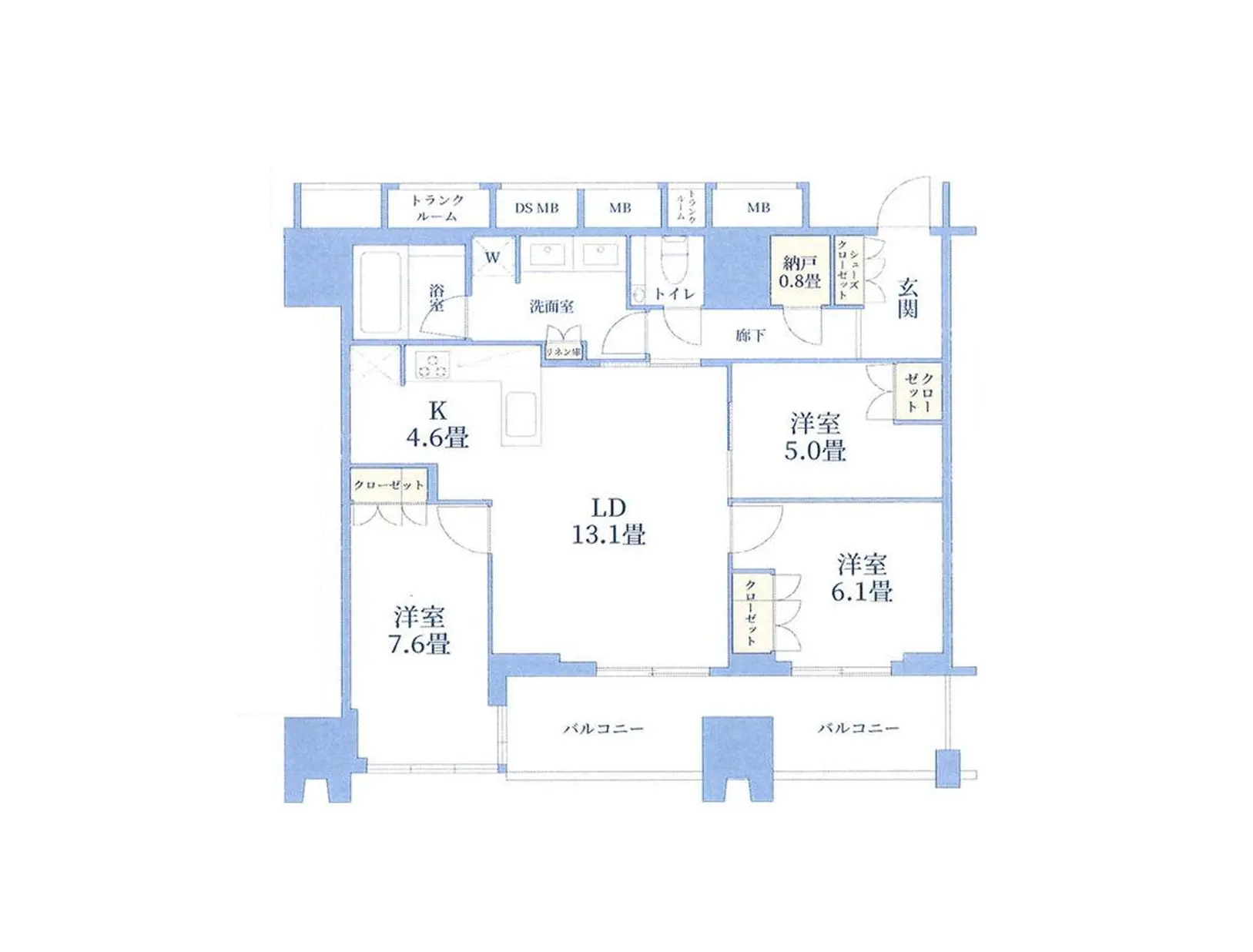 - 3LDKの間取り図、リビングダイニングが13.1畳、洋室が3部屋あり、キッチンやバルコニーも配置された設計