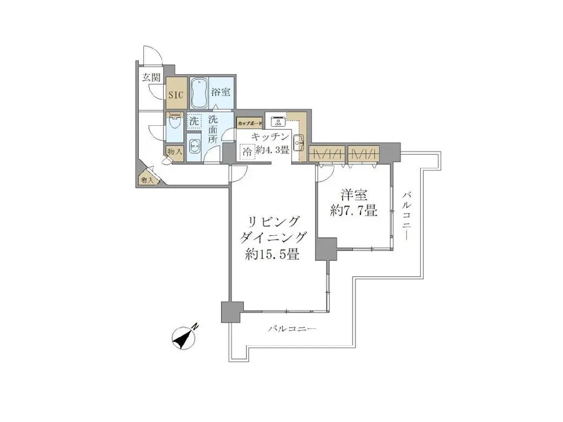 - 2LDKの間取り図、リビングダイニング約15.5畳、洋室約7.7畳、キッチン、洗面所、浴室の配置を示す詳細な図面
