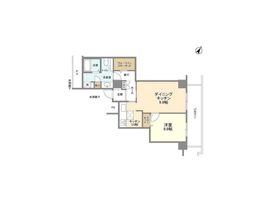 - 9.9帖のダイニングキッチン、6.6帖の洋室、洗面室やバスルームが配置された間取り図