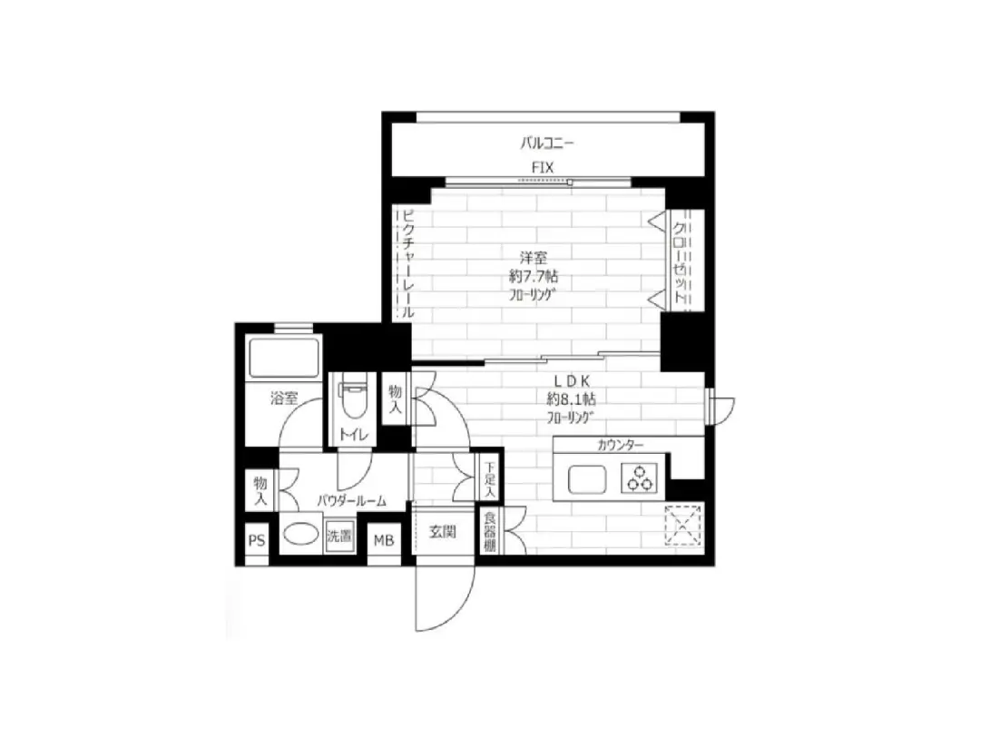 - 2LDKの間取り図、リビングダイニングキッチン約8.1帖、洋室約7-7帖、トイレと浴室を含むフロアプラン