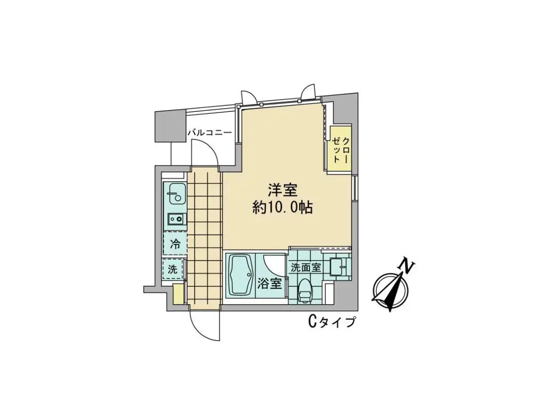 - 約10.0帖の洋室を含む間取り図、バルコニー、洗面所、浴室、トイレの配置が明示されているCタイプのレイアウト