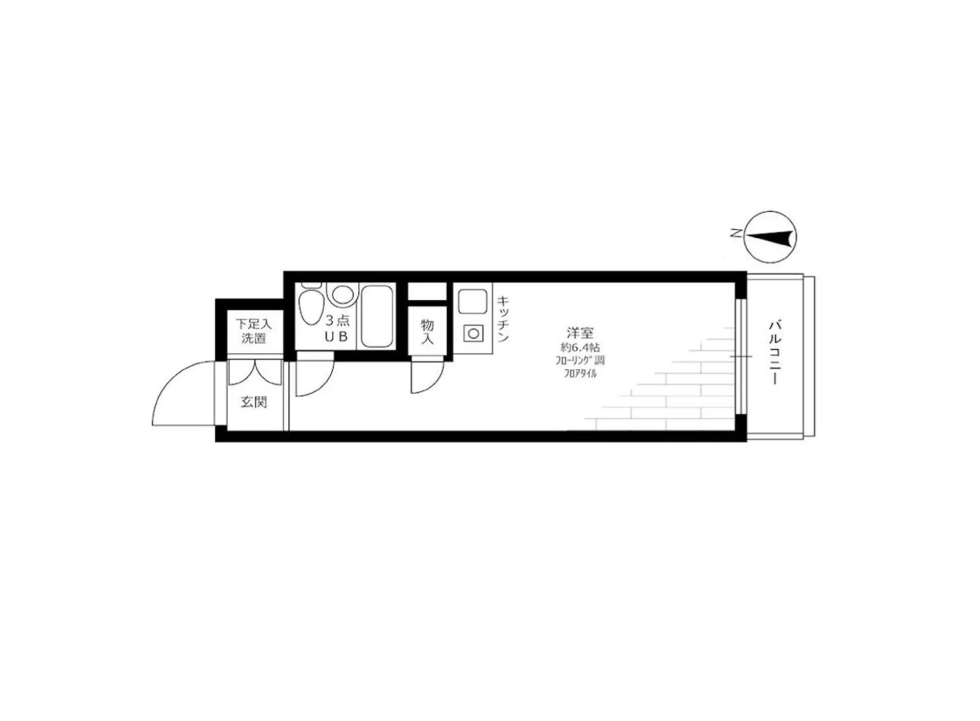 - 間取り図、1Kタイプの生活空間、洋室約6.4帖、キッチン、3点ユニットバス、バルコニー付きのレイアウト