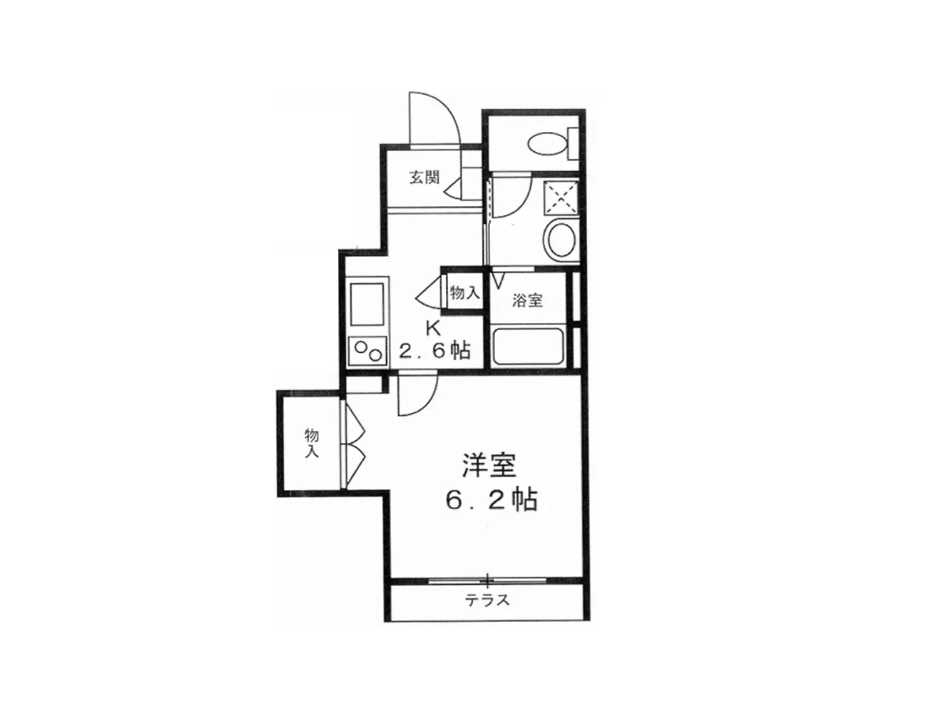- 小さな間取りの間取り図、玄関、キッチン、2.6帖のコーナー、6.2帖の洋室、浴室の配置を示すシンプルなフロアプラン