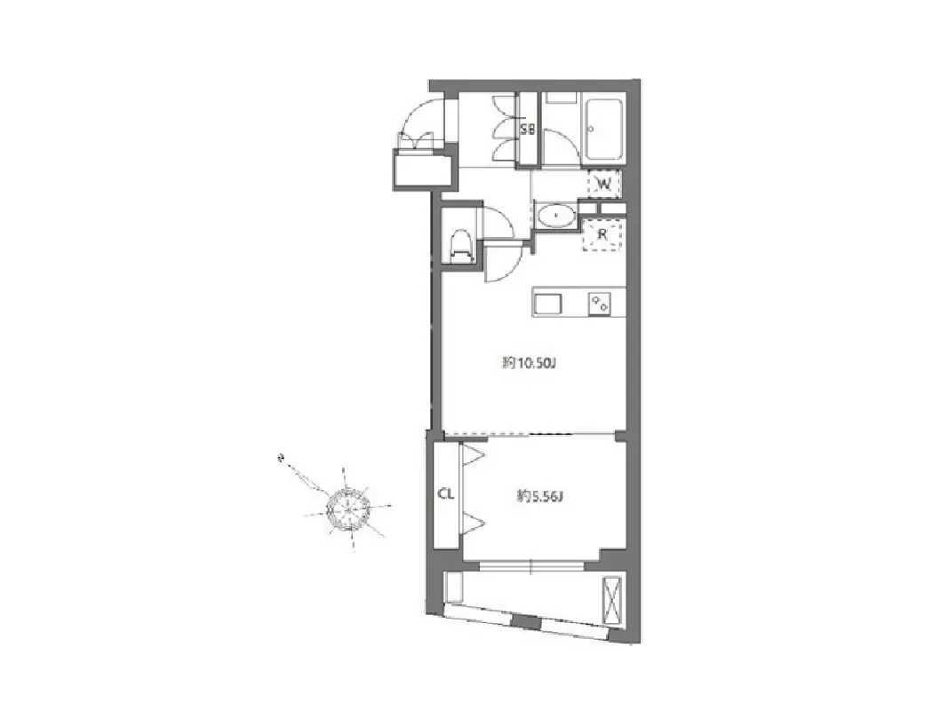 - 1LDKの間取り図、リビングダイニング約10.50帖、寝室約5.56帖、バスルーム、洗面所、トイレを含む間取り詳細