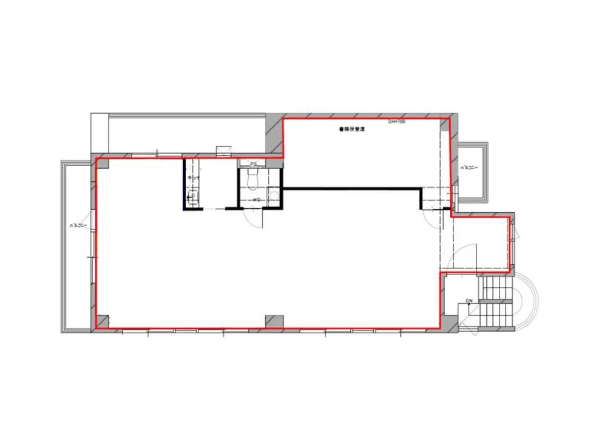 - モダンな住宅の間取り図、リビング、キッチン、バスルーム、階段の配置を示す設計図