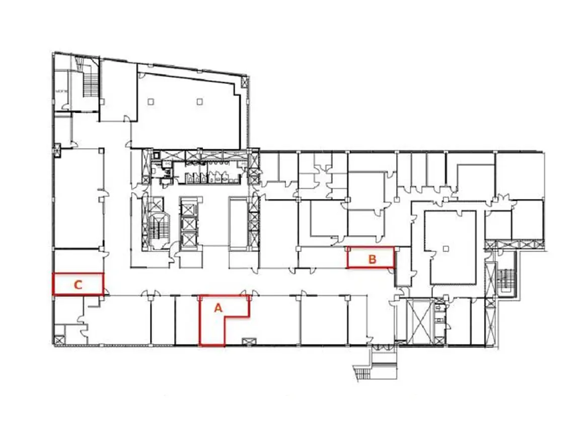 - 建物のフロアプラン、部屋A、B、Cが赤でハイライトされた、オープンスペースと区画があるレイアウト図