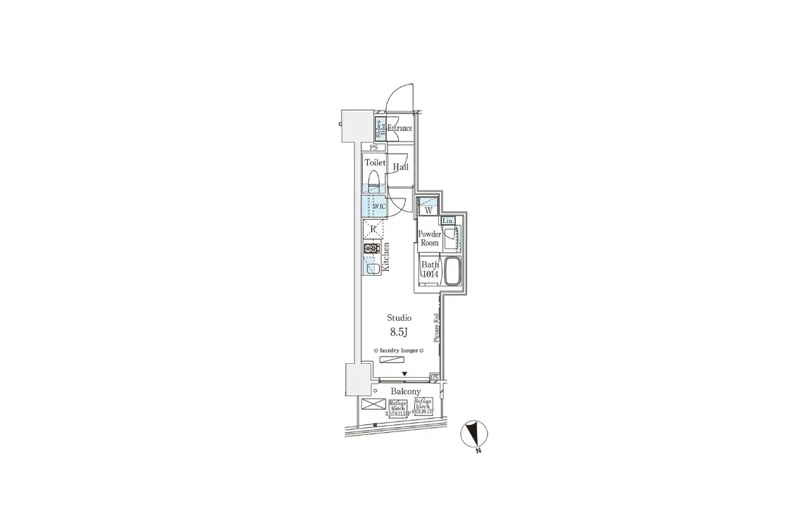 - スタジオタイプの間取り図、8.5畳の広さを持ち、キッチン、トイレ、バスルーム、バルコニーを含む詳細なレイアウト