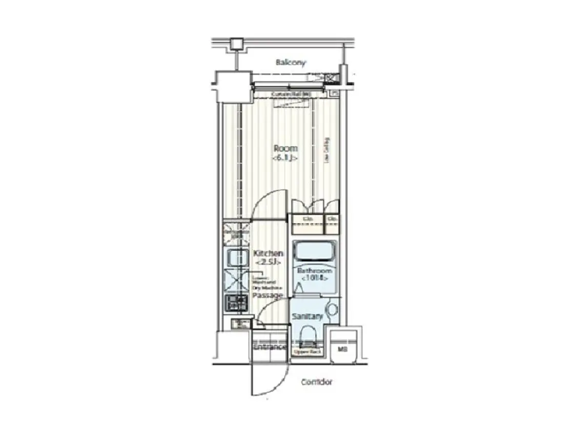 - シンプルで機能的な間取り図、リビングルーム、キッチン、バスルーム、バルコニーを含む設計のレイアウト