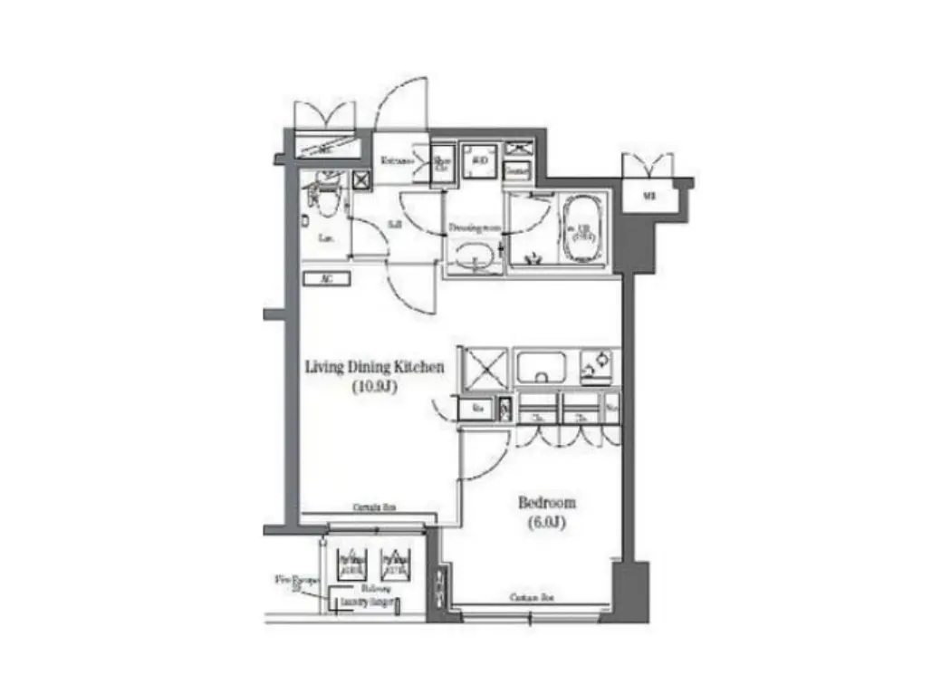 - 1LDKの間取り図、リビングダイニングキッチンとベッドルーム、各部屋の配置や広さを示す設計内容