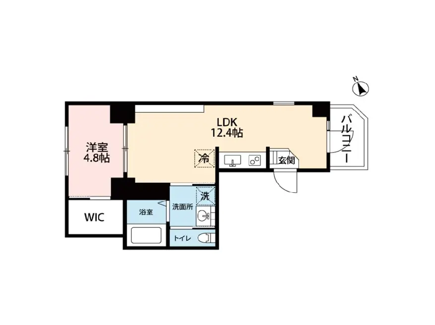 - 1LDK賃貸物件の間取り図、洋室4.8帖、リビングダイニングキッチン12.4帖、浴室、洗面所、トイレ、バルコニーを含む配置