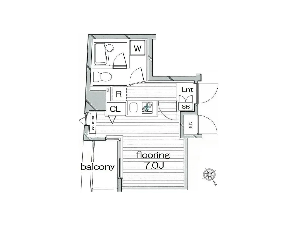 - 1LDKの間取り図、バルコニー、クローゼット、玄関、7.0畳のリビングスペースを含むデザイン