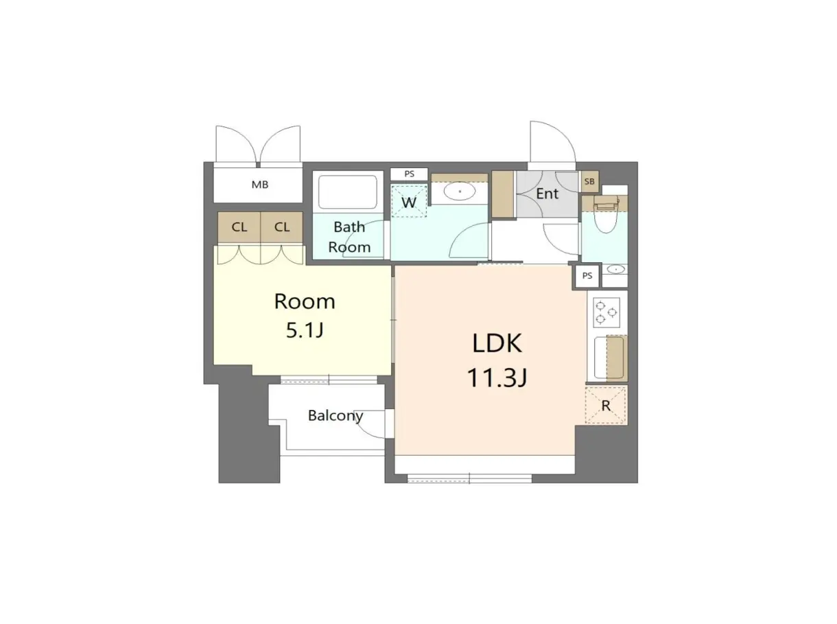 - 1LDKの間取り図、リビングダイニングキッチン11.3畳と個室5.1畳、バルコニー、バスルーム、トイレを含む配置