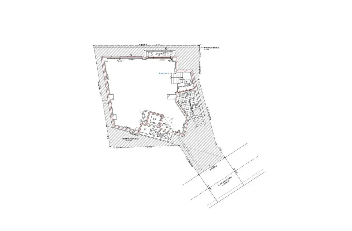 - 建物の配置図、周囲の道路や敷地の形状を示した詳細な設計図面