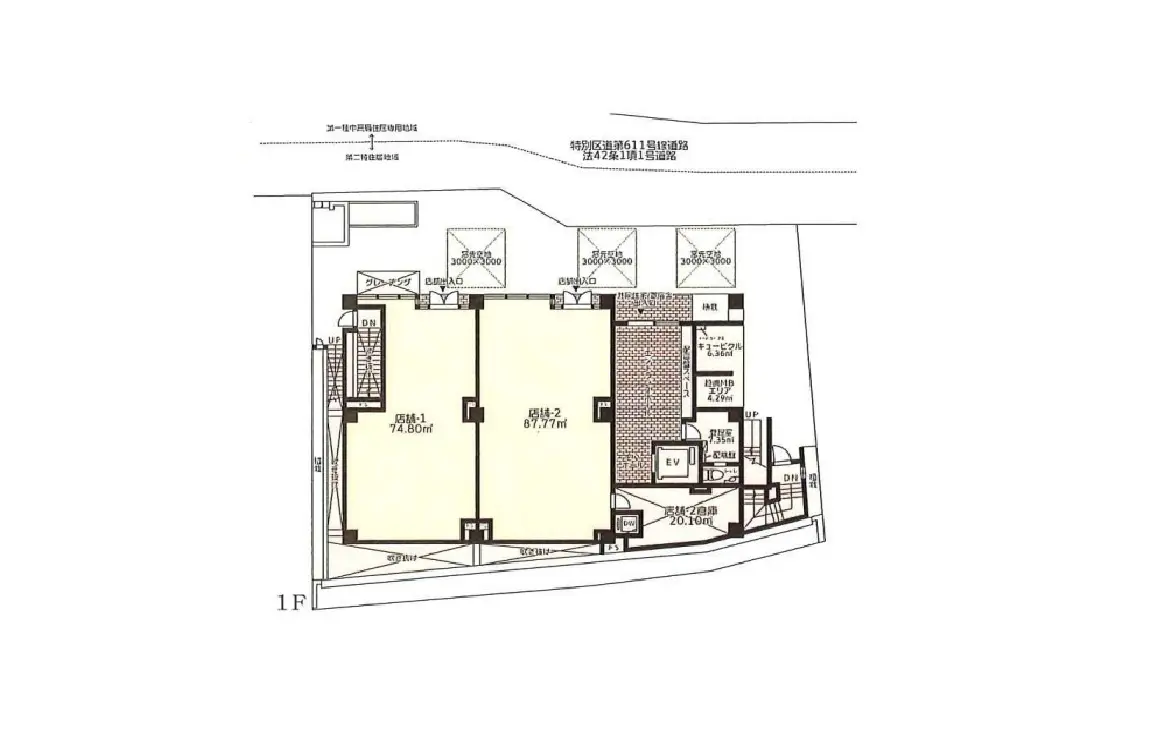 - 住宅のフロアプラン、2つの部屋が配置されたレイアウト、階段やエレベーター位置が明示された設計図