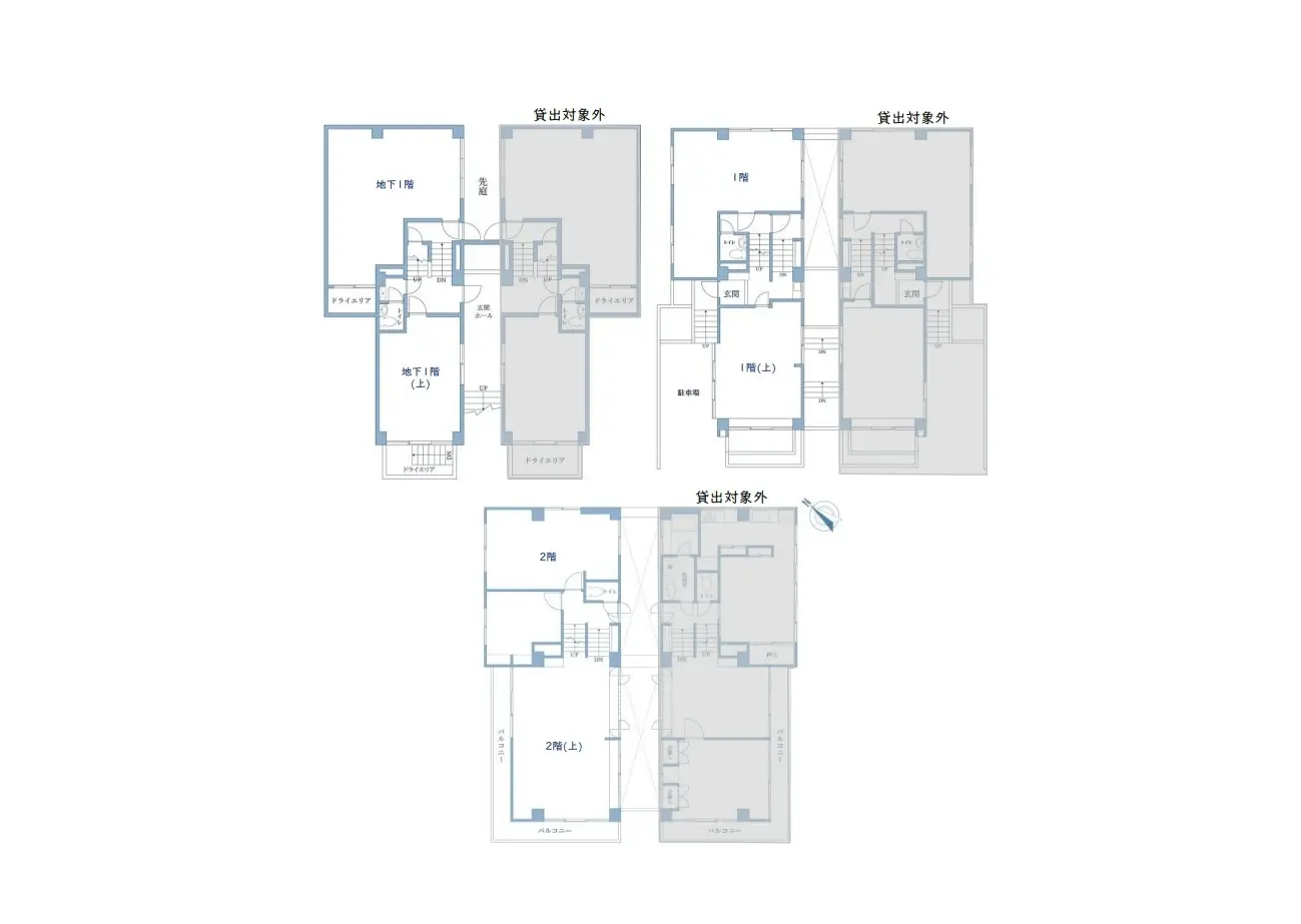 - 建物の間取り図、1階、2階、地下階の配置を示す詳細な設計図例