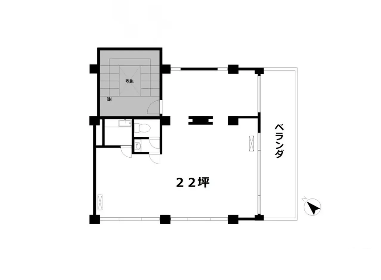 - 22坪の間取り図、バルコニーと吹き抜けのある住居配置、トイレ・洗面所が設計された平面図